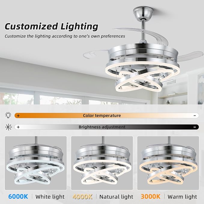 42 Inch Retractable Ceiling Fan, Modern Chandelier Ceiling Fan with Light,DC Motor, Dimmable,3 Color, 6 Wind Speed for Bedroom, Living Room and Dining Room, Silver