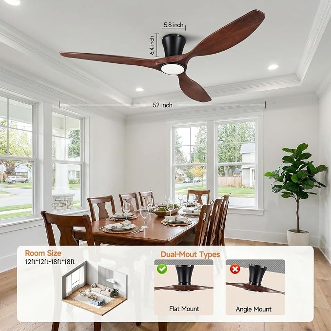 Skylike 52" Wood Ceiling Fan with Lights, Flush Mount Low Profile Ceiling Fan with Remote Control, Dimmable LED, Quiet Ceiling Fan Indoor/Outdoor for Living Room Bedroom Patio-Dark Walnut Finish