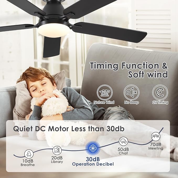 52 Inch Ceiling Fans with Lights and Remote, Flush Mount, Black | Low Profile, Dimmable LED, Reversible, Quiet DC Motor, Wooden Blades, for Modern Apartment Bedroom Home Office Living Room