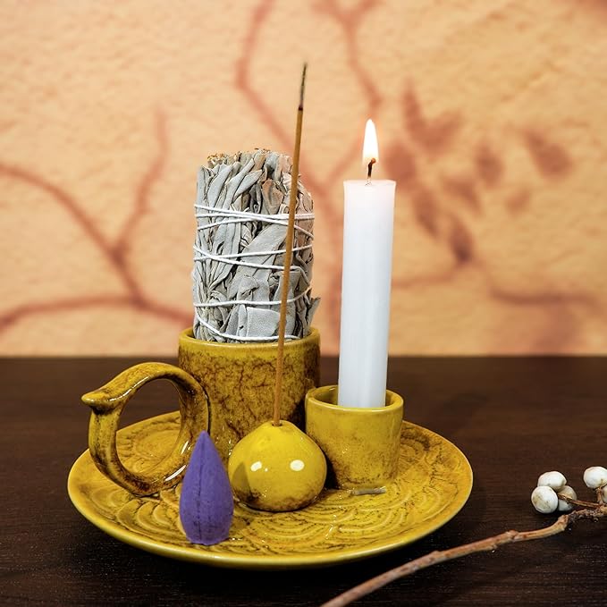 MOUGIGI 5.1-Inch 5-in-1 Yellow Ceramic Incense Holder - Fits Palo Santo, Sage, Incense Sticks/Cones, Small Candle, Smudge Burning Tray.Zen Altar for Meditation/Yoga, Aromatic Scents, Matches Friendly
