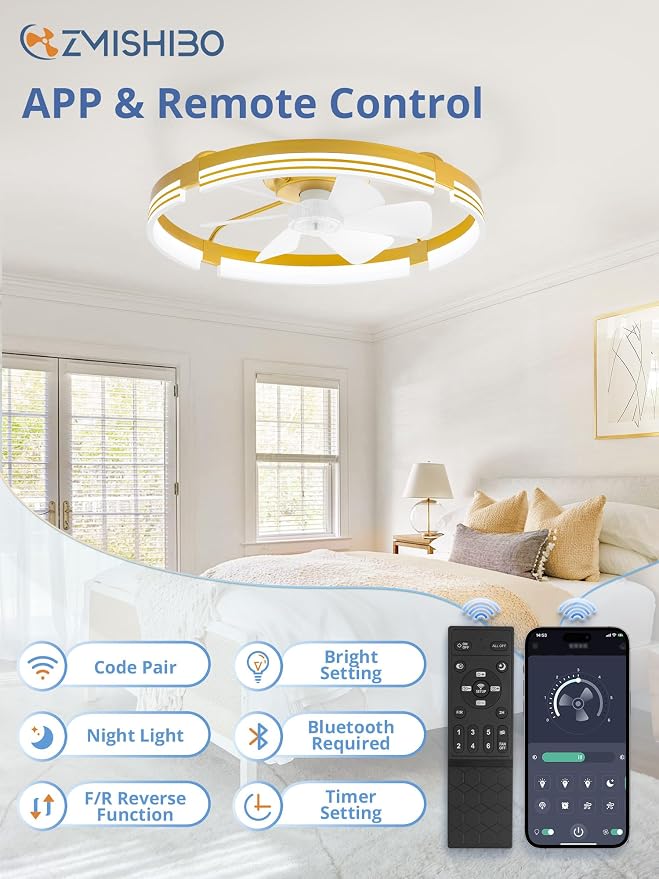 ZMISHIBO 24 Inch Low Profile Ceiling Fans with Lights and Remote, 3000K-6000K Dimmable Fandelier LED Fan Light, Flush Mount Ceiling Fan with Light, 6 Wind Speeds Ceiling Fans for Bedroom- Gold