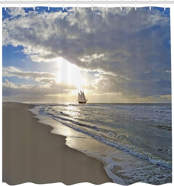 Ambesonne Nautical Shower Curtain, Sailing Ship Close to Sandy Beach in Moody Sunset Paradise Tropical Theme, Cloth Fabric Bathroom Decor Set with Hooks, 69" W x 84" L, Blue Beige White