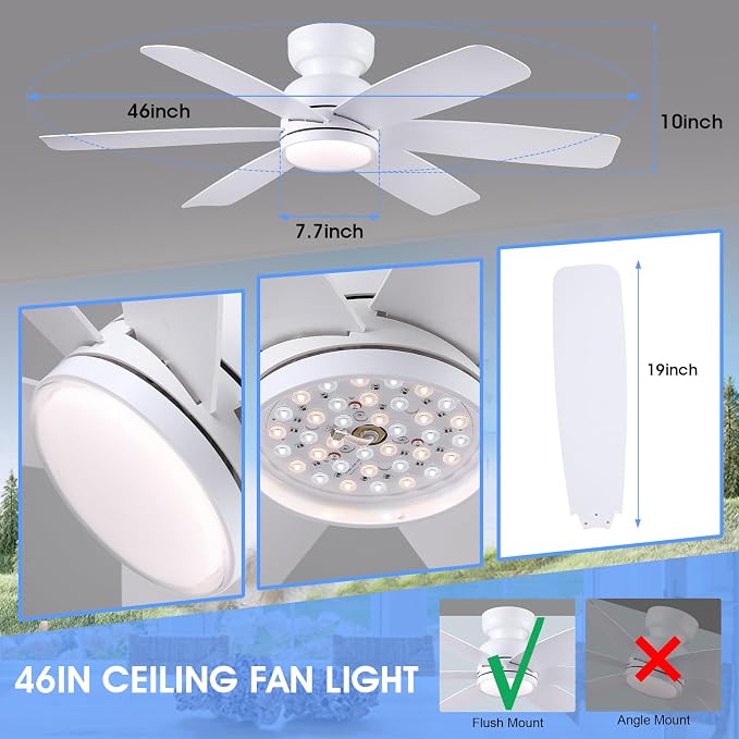 Kviflon 46 Inch Modern Ceiling Fans with Lights Remote Control, Low Profile Ceiling Fan, 6 Reversible Plastic Blades, 6 Speeds 3 CCT Dimmable LED Lights Double Lampshade for Bedroom Living Room, White