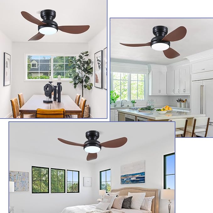 Kviflon 36 Inch Ceiling Fans with Lights, Small Flush Mount Ceiling Fan, Remote/APP Control, 3 Reversible Curved Blades, 6 Speeds, 3 CCT Dimmable Lights for Bedroom Kids Room, Brown