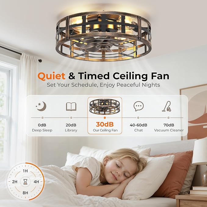 BLNAN 20" Farmhouse Ceiling Fan with Lights and Remote, Industrial Caged Low Profile Flush Mount Industrial Fandelier, 6 Speeds Bladeless Fan Lights for Bedroom, Kitchen, Living Room, Black Gold