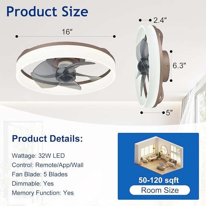 DLLT LED Ceiling Fan with Light: 16" Modern Low Profile Flush Mount Fandelier with App & Remote Control - Dimmable Brown Bladeless Fan Light Fixture for Bedroom Kids Room Living Room