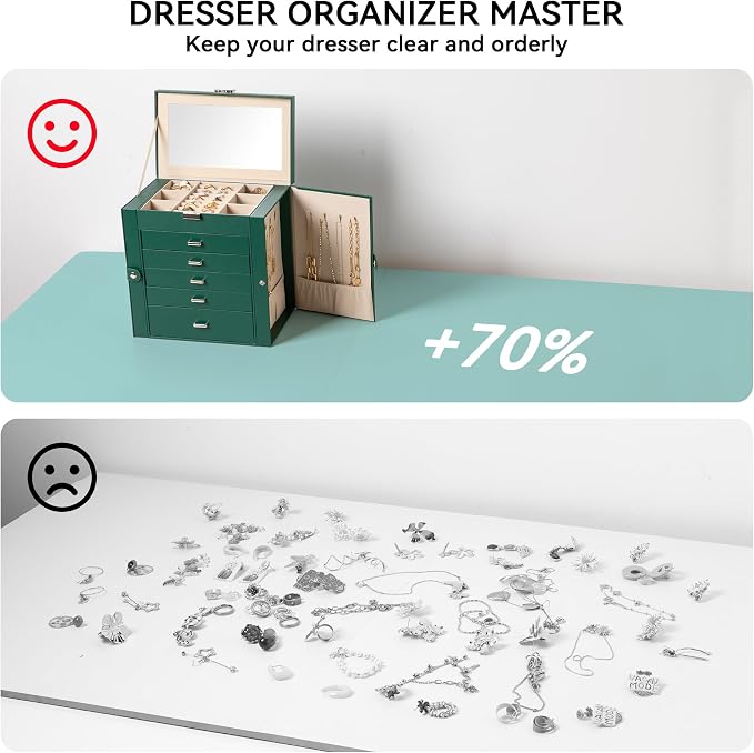Frebeauty 6-Layer Jewelry Box for Women,Large Jewelry Organizer with Drawer | Faux Leather,Built-in Mirror,Spacious Jewelry Storage,16 Necklace Hooks,Organizing by Category for Rings Earrings Bracelet