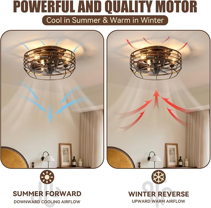 Farmhouse Caged Ceiling Fan with Light, Remote Control Flush Mount Fan Lights Ceiling Fixtures 12 In, 6 Speeds Bladeless Quiet Reversible Motor Indooor Lights for Living Room, Bedroom, Black and Gold