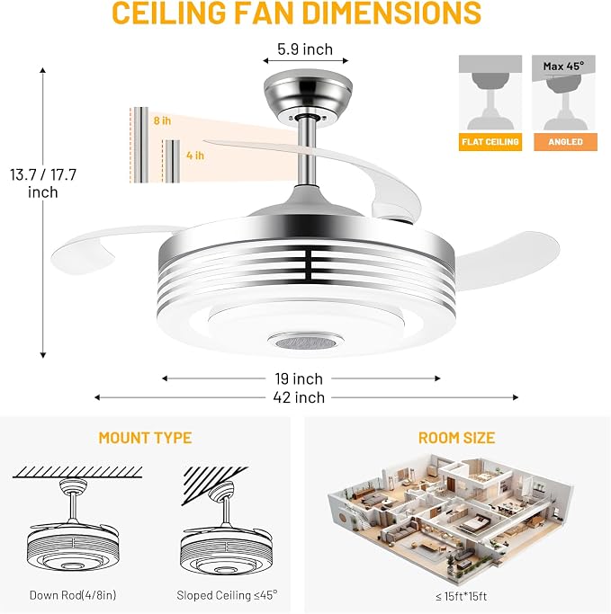 42" Modern RGB Ceiling Fan with Lights and Bluetooth Music Speaker,Color Change Motor Retractable Fandelier Ceiling Fan with Light and APP/Remote,6 Speed Silent Chandelier Fan for Bedroom Living Room