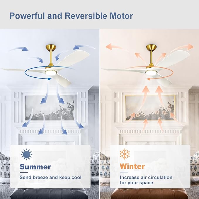 Modern Ceiling Fan with Light: White and Gold Ceiling Fans with Remote and Smart APP Control 3 Blades - 52 Inch Ceiling Fan for Indoor Living Room Bedroom