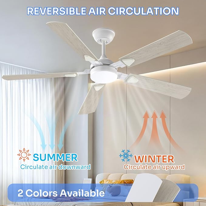 Ceiling Fans with Lights, 52 Inch Modern Ceiling Fans with Lights and Remote Control, DC Reversible Motor, Noiseless, 3CCT, Ceiling Fan for Bedroom, Living Room, Apartment Indoor/Outdoor Use
