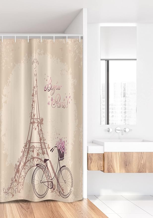 Ambesonne Paris Stall Shower Curtain, Bonjour France Eiffel Tower and Vintage Bicycle Flowers Retro Soft Color Print, Fabric Bathroom Decor Set with Hooks, 36" W x 72" L, Cream Pink