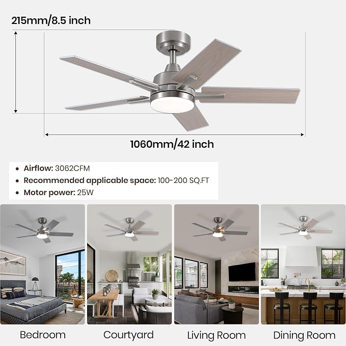 42 Inch Brushed Nickel Ceiling Fans with Lights and Remote, Reversible, 3CCT, Dimmable, Noiseless, Downrod, Small Ceiling Fan for Bedroom, Indoor/Outdoor Use
