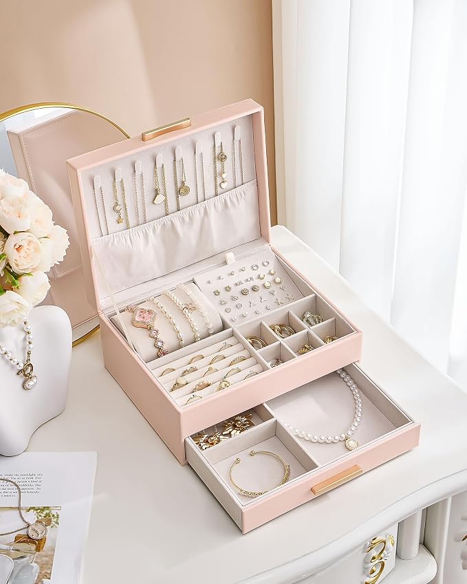 Lolalet 2-Layer Jewelry Box Organizer Holder for Women Girls Mom -Pink | Jewelry Storage Case with Drawers for Necklaces Ring Earrings Bracelet Watch, Gifts Choice for Mom Mother’s Day
