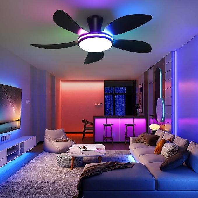PHORUS 48" Black Modern Low Profile RGB Ceiling Fans with Lights and Remote | 13 RGB Modes,Supports Remote and APP,6 Wind Speeds, Reversible, Dimmable 3 CCT LED, 30W DC Motor,Suits for Bedroom Kidsroom