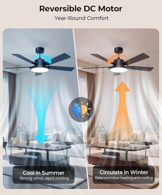 Ceiling Fan with Light,RGBCW Smart 52" Low Profile Ceiling Fan with Light and Remote,Alexa/Google/App Control,Reversible DC Motor,Dimmable,2500lm,Quiet Fan for Bedroom,Living Room Black