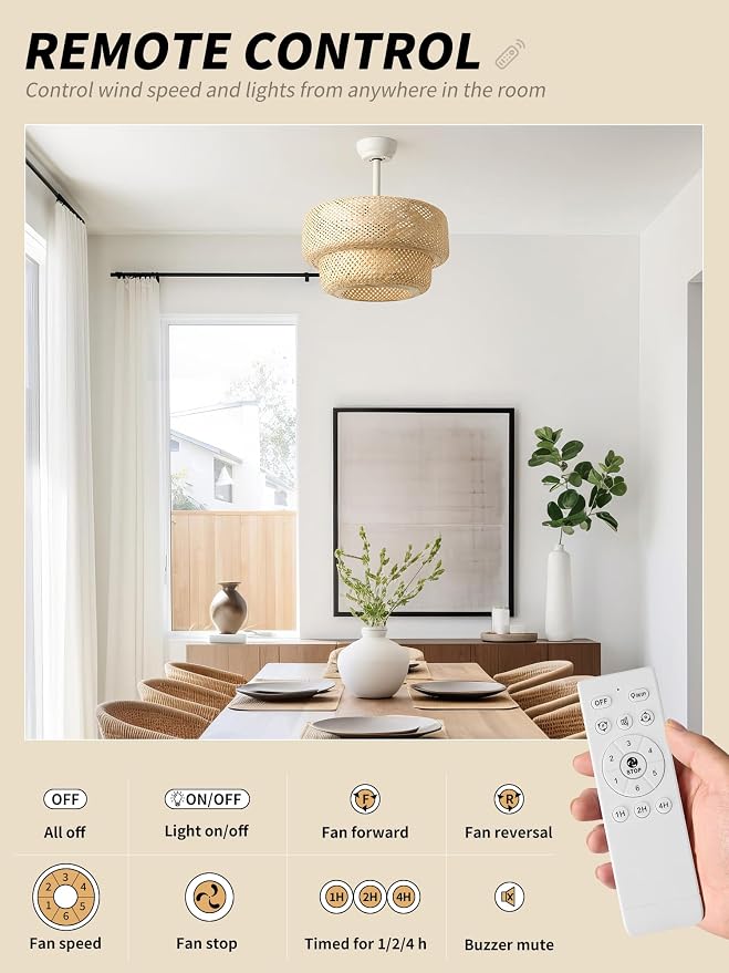 SYDACG Boho Ceiling Fans with Lights, 20" Rattan Ceiling Fan with Light Remote Control, Caged Fandelier with 6 Speeds for Bedroom, Nursery, Living Room