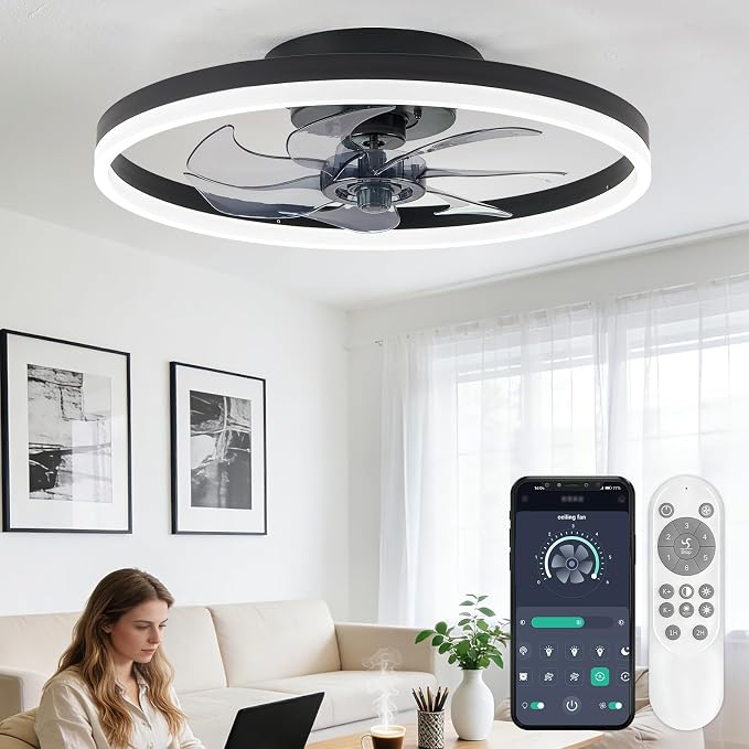 20" Low Profile Ceiling Fans with Lights and Remote & APP, Dimmable 3000-6500K LED Fandelier Ceiling Fan with Light, Modern Flush Mount Ceiling Fan Light for Living Room, Bedroom and Kitchen