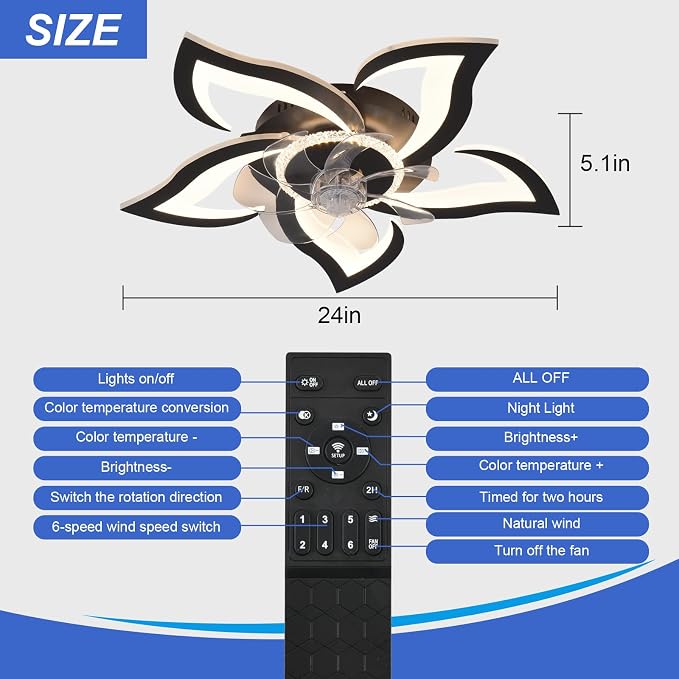 26" Geometric Ceiling Fan with Lights Remote Control, 6 Speeds 3 Colors, Black Low Profile Flush Mount Ceiling Fan for Kitchen Bedroom Living Room