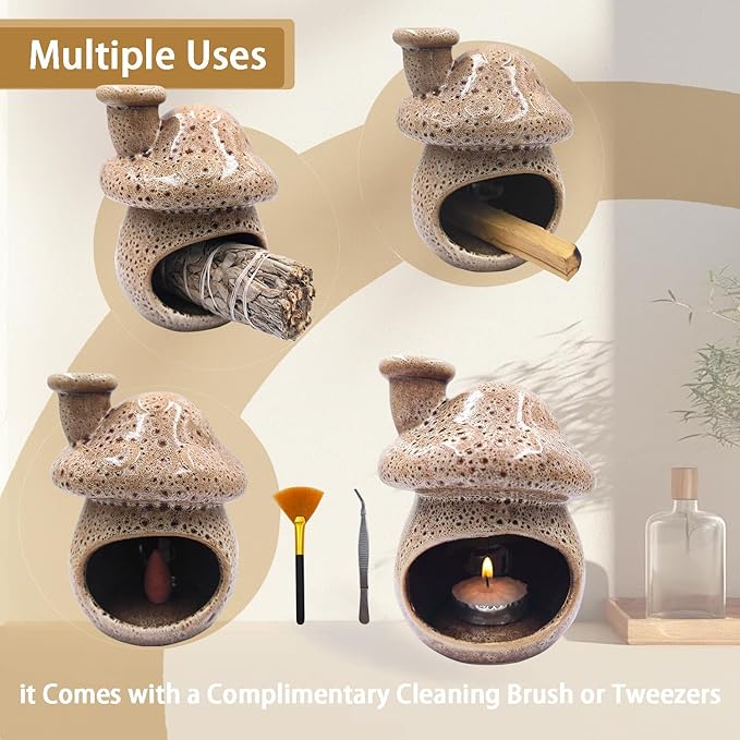 Palo Santo Holder and Sage Burner,Ceramic Mushroom Incense Cone Burner,Mini Chiminea Sage Ash Catcher, Smudge Bowl for Yoga Meditation Home Decor,Speckled White