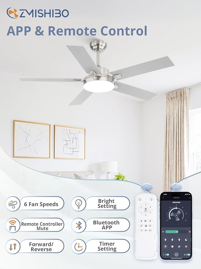 ZMISHIBO 52 Inch Ceiling Fans with Lights, Smart Remote/APP Control, Modern Ceiling Fan with 6 Speeds & 3CCT, Dimmable 30W LED, Quiet DC Motor, Noiseless for Living Room, Bedroom, Kitchen, Nickel