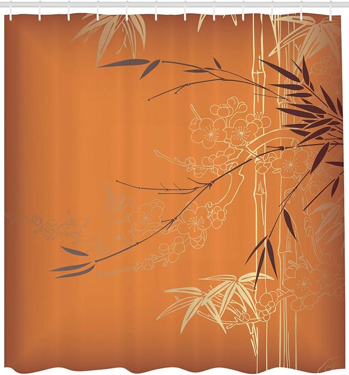 Ambesonne Asian Themed Shower Curtain, Ethnic Branches and Flowers Illustration Eastern Nature Theme, Cloth Fabric Bathroom Decor Set with Hooks, 69" W x 84" L, Orange Yellow and Brown