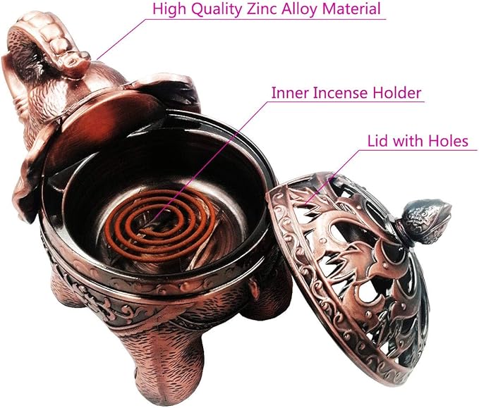 Hourwof Metal Elephant Incense Holder,Vintage Cone Coil Incense Burner with Lid,Ash Catcher,Aromatherapy Ornament Home Office Decor,Red Copper