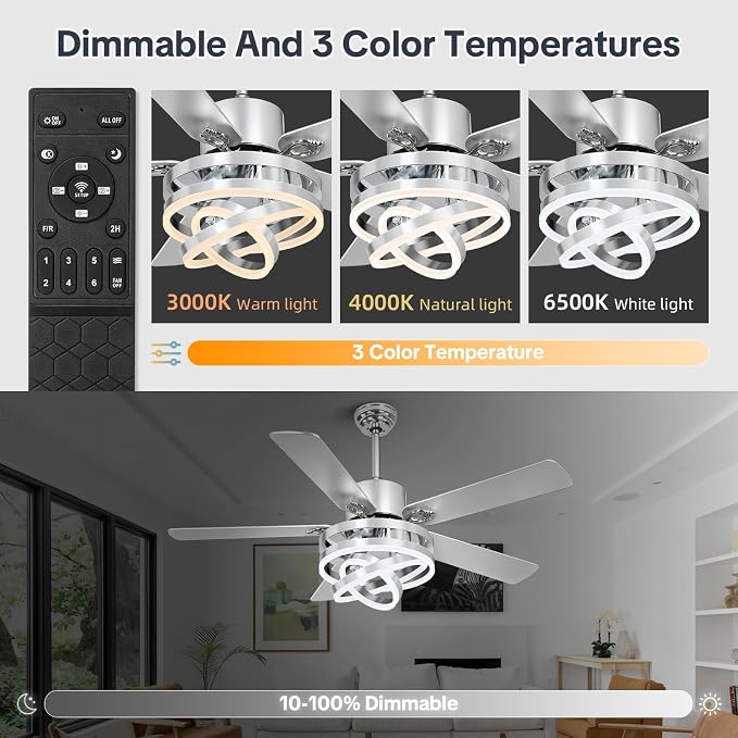 52" Ceilling Fan with Light Chandelier Fan Modern DC Motor Dimmable Led Fandelier Ceiling Fan with Light for Bedroom, Living Room Silver