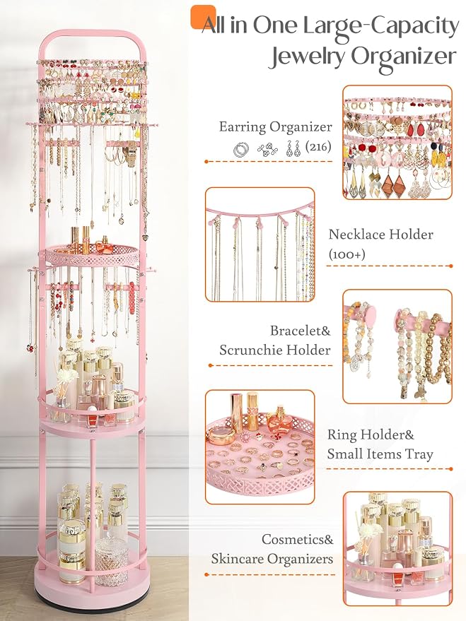 Jewelry Holder Organizer, Floor Jewelry Organizer with Earring Organizer Necklace Holder, Rotating Jewelry Stand Necklace Display Earring Storage, Large Hanging Jewelry Tree for Jewlery Bracelet Ring