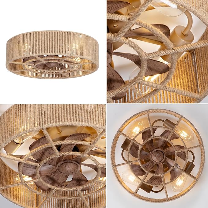 SHLUCE 18" Boho Caged Ceiling Fan with Light, Fandelier Flush Mount Ceiling Fan with Light, Small Low Profile Bladeless Ceiling Fans with Lights and Remote for Bedroom, Living Room, Rattan - ETL
