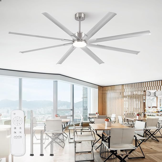 ZMISHIBO 84" Industrial Ceiling Fans with Lights, Large Ceiling Fan with 3CCT, 8 Reverisble Aluminum Blades, Quiet DC Motor, 6-Speed Remote, Indoor/Outdoor Ceiling Fans for Patios/Garage/Porch, Nickel