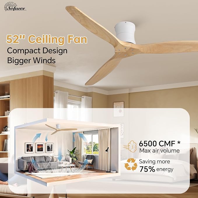 Sofucor 52" Smart Ceiling Fan No Light, Solid Wood Low Profile Ceiling Fan with Remote, Flush Mount Ceiling Fan Works with Alexa/Google/App 6-Speed Timing Reversible DC Motor for Living Room Bedroom