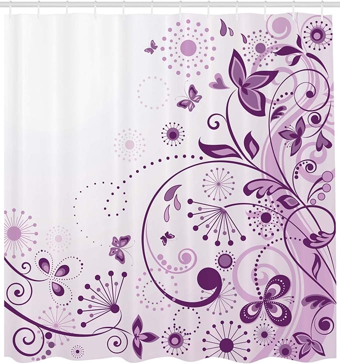 Ambesonne Mauve Shower Curtain, Curved Flower Leaf Ornate Blooming Branches Romantic Love Print, Cloth Fabric Bathroom Decor Set with Hooks, 69" W x 75" L, Violet Lilac