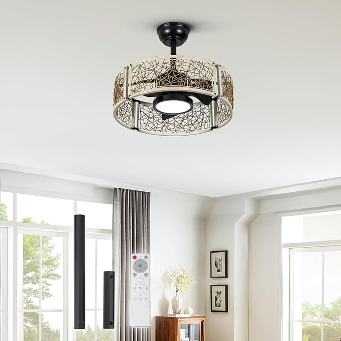TALOYA 20 Inch Caged Ceiling Fans with Lights Chandelier Remote Control Flush Mount Low Profile for Bedroom Living Room Patio,Reversible,Buzzer Mute,Dimmable Led Light Included,Fandelier,White Oak
