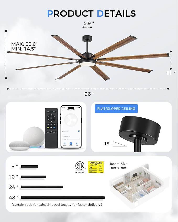 96 Inch Industrial Ceiling Fan with Light and Remote, Extra Large Design with 8 Aluminum Blades, Smart Control Compatible with Voice Assistants, Model ZCCF04WD-96