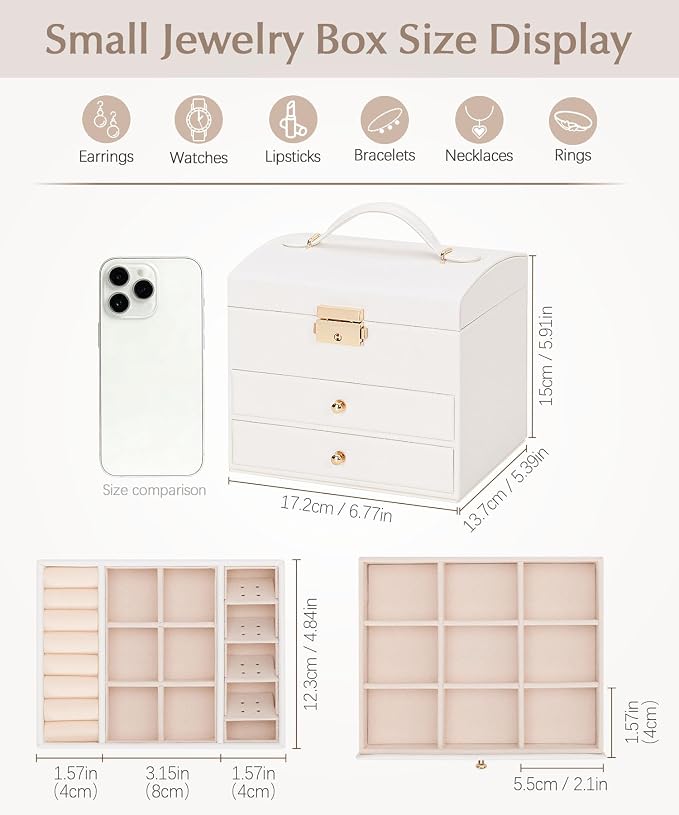 Homde Small Jewelry Box for Girls: 3-Layer Lockable Organizer (Cloud White) | Removable Tray&Dividers for Flexible Storage - Sort Earrings&Rings&Necklaces for Beginners - Birthday Gift for Teens