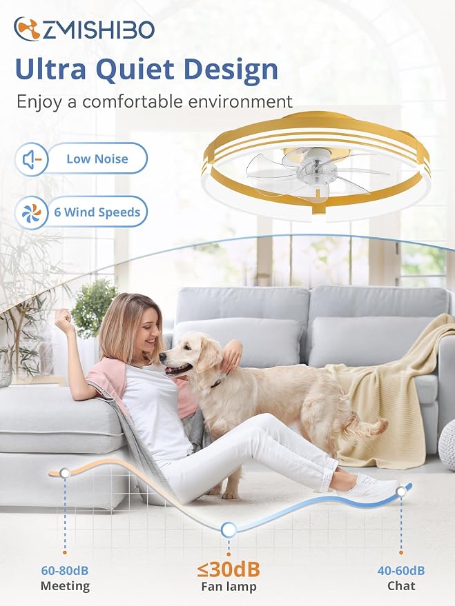 ZMISHIBO Low Profile Ceiling Fans with Lights and Remote, 20 Inch Flush Mount Ceiling Fan with Light, 3000K-6000K Dimmable Fandelier LED Fan Light, 6 Wind Speeds Gold Ceiling Fans for Bedroom
