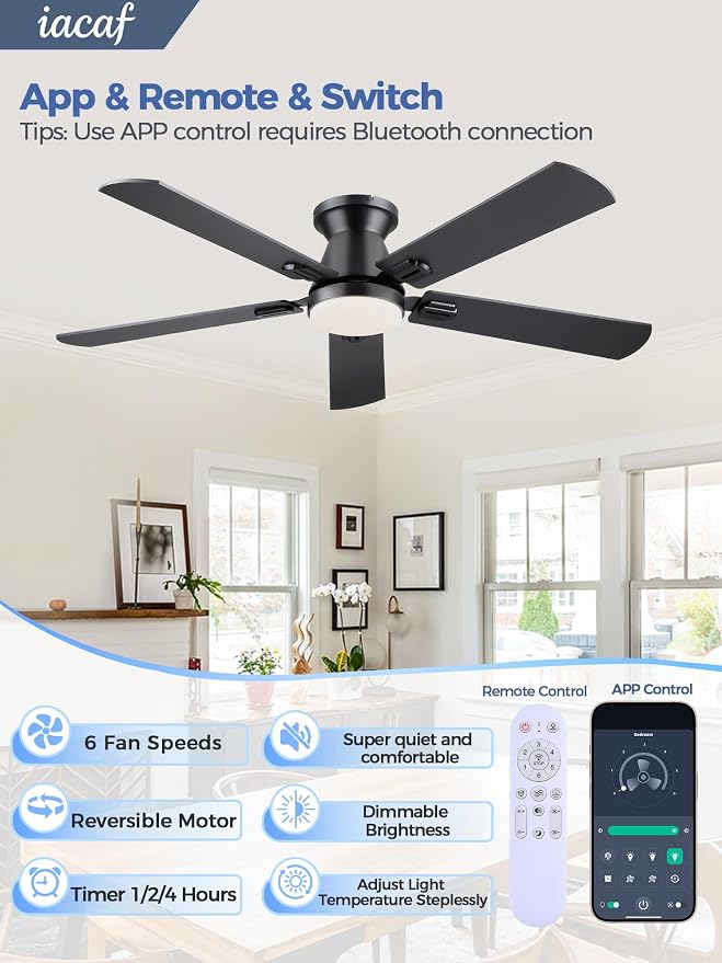 Ceiling Fans with Lights, 52 inch Low Profile Ceiling Fan with Light and Remote/APP Control, Dimmable, Quiet DC Motor, Flush Mount Ceiling Fan for Bedroom Living Room, Indoor/Outdoor Use, Black