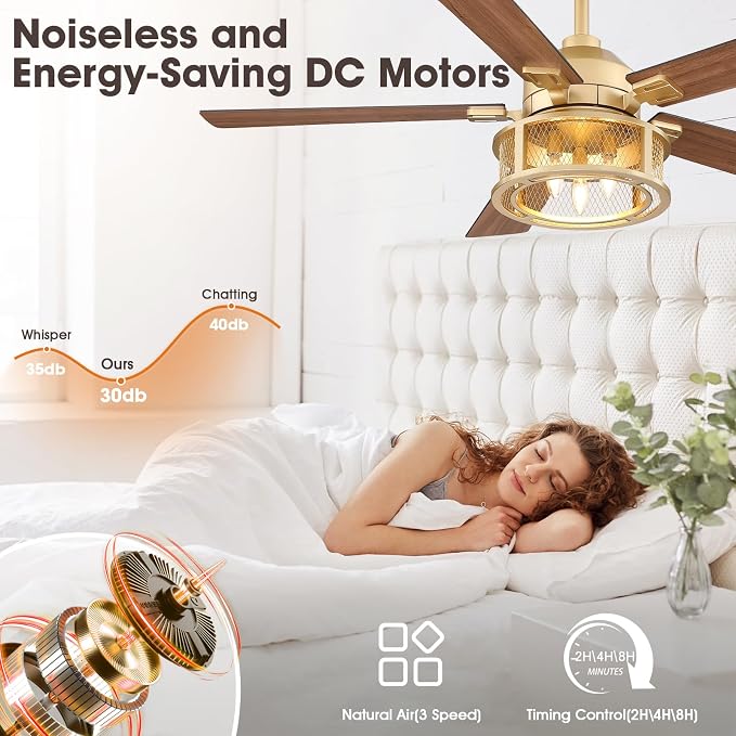 Farmhouse Ceiling Fans with Lights, 52 Inch Ceiling Fan with Remote for Bedroom Living room, Rustic Caged Fandelier with 5 Dual Finish Blades, Reversible Quiet Motor for Indoor/Outdoor, Gold