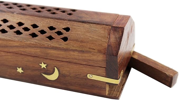 Sheesham Wood Incense Burner - Handmade Coffin Style Sun and Moon Inlay Incense Holder - Aromatherapy Room Freshener Cone Incense Stick Burner Ash Catcher - Zen Home Gift - 12x2x2 - COTTON CRAFT