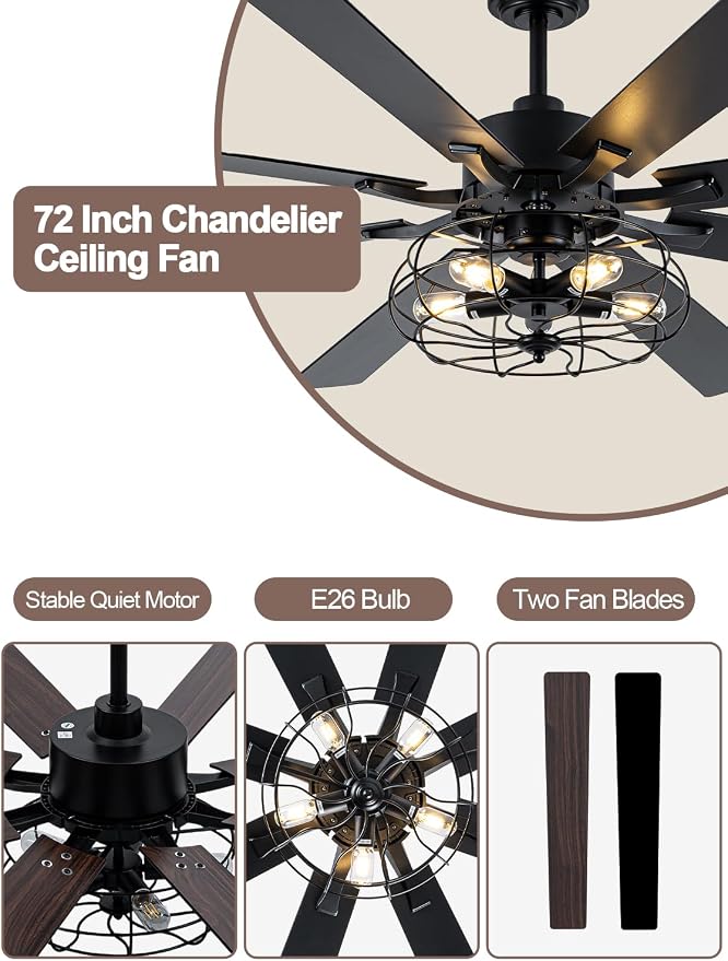 72 Inch Industrial Farmhouse Ceiling Fan with Lights and Remote, Black Vintage Caged Chandelier Ceiling Fan with 5 Reversible Wooden Blades for Dining Room Living Room Bedroom