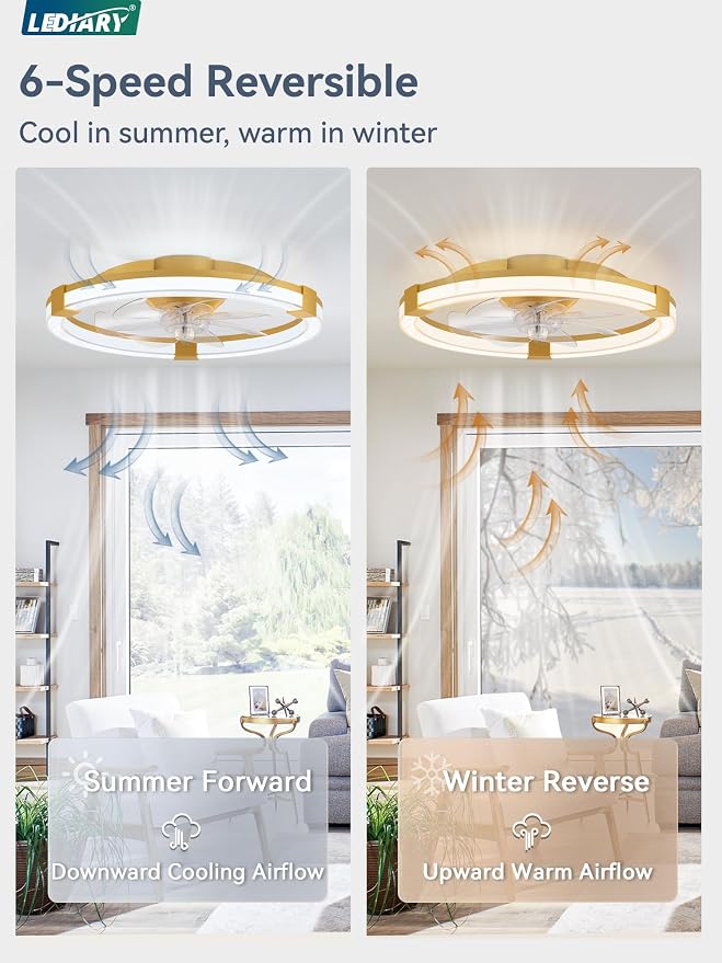 LEDIARY Ceiling Fans with Lights, 20 Inch Low Profile Ceiling Fan with Remote, 6 Speeds, Reversible, Dimmable Flush Mount Fan Light, Modern Fandelier Ceiling Fan with Lights for Bedroom, Gold