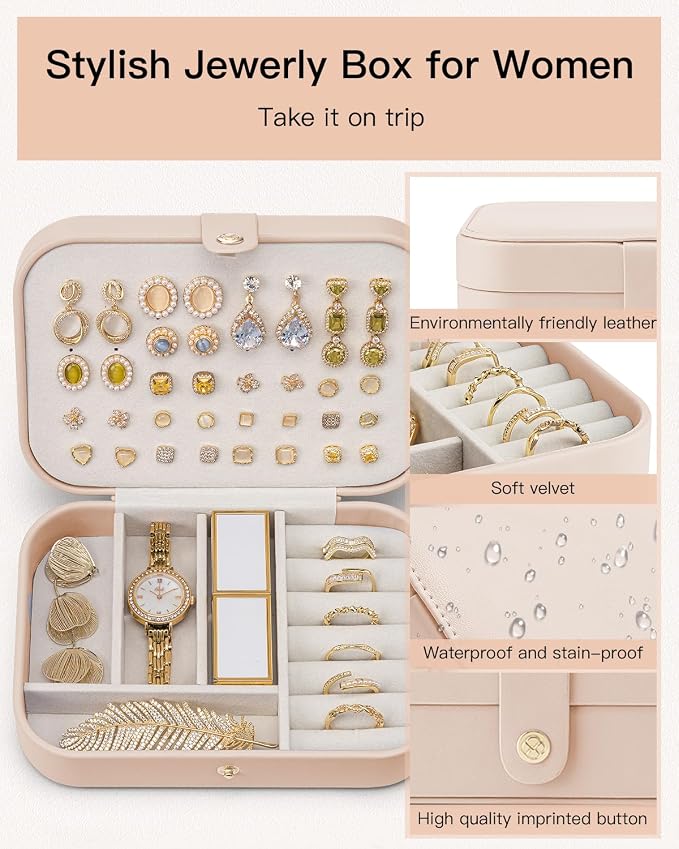 VLANDO Travel Jewelry Case, PU Leather Travel Jewelry Box with Earring Holder, Portable Display Mini Jewelry Case for Mothers Day Women Girls Gift - Nude Pink