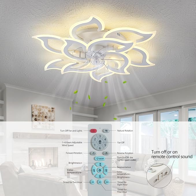38" White Geometric Ceiling Fan with Light Remote Control, 3 Light Color 6 Speeds LED Flower Flush Mount Low Profile Ceiling Fan for Living Room