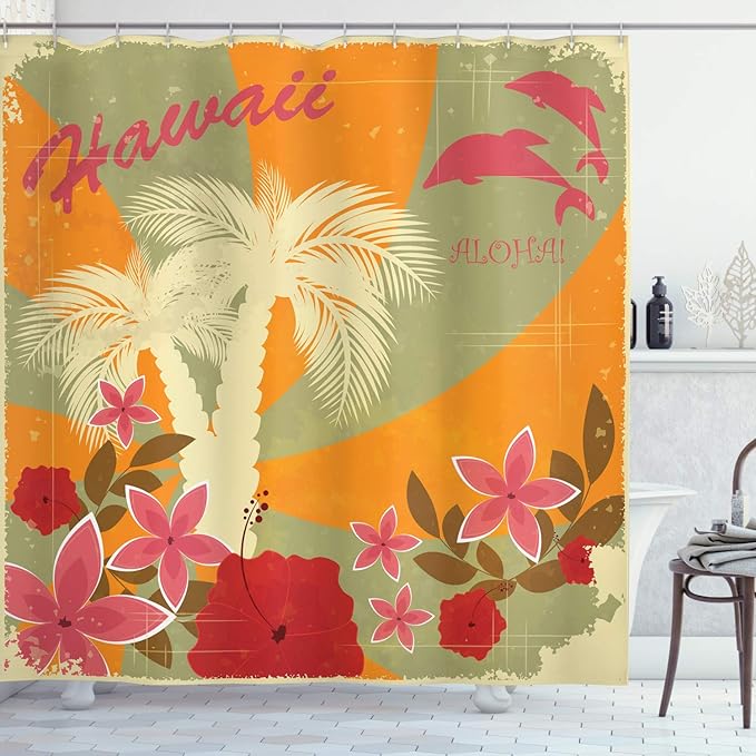 Ambesonne Hawaiian Shower Curtain, Aloha Vintage Print Colorful Swirl Backdrop Dolphins Palm Trees Flowers, Cloth Fabric Bathroom Decor Set with Hooks, 69" W x 70" L, Green Marigold