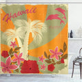 Ambesonne Hawaiian Shower Curtain, Aloha Vintage Print Colorful Swirl Backdrop Dolphins Palm Trees Flowers, Cloth Fabric Bathroom Decor Set with Hooks, 69" W x 70" L, Green Marigold