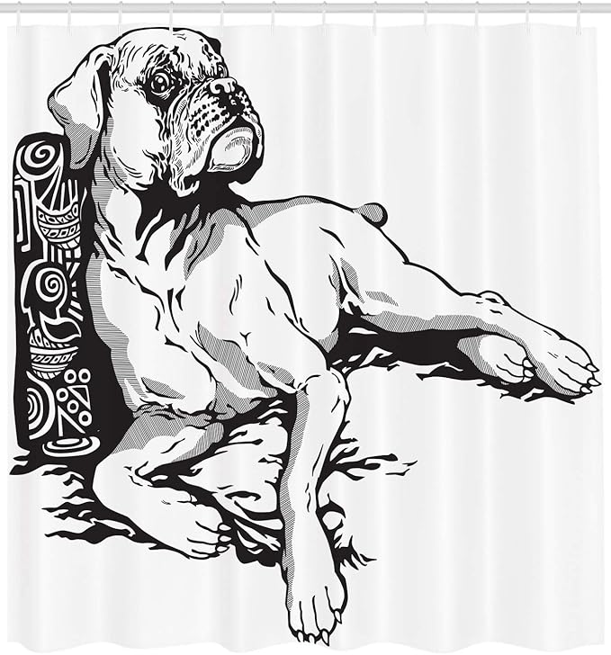 Ambesonne Boxer Dog Shower Curtain, Monochrome Illustration of an Animal Detailed Canine Hand Drawn, Cloth Fabric Bathroom Decor Set with Hooks, 69" W x 70" L, Charcoal Grey and White