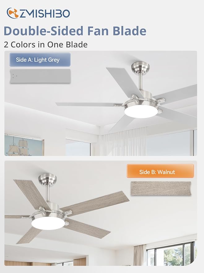 ZMISHIBO 52 Inch Ceiling Fans with Lights, Smart Remote/APP Control, Modern Ceiling Fan with 6 Speeds & 3CCT, Dimmable 30W LED, Quiet DC Motor, Noiseless for Living Room, Bedroom, Kitchen, Nickel