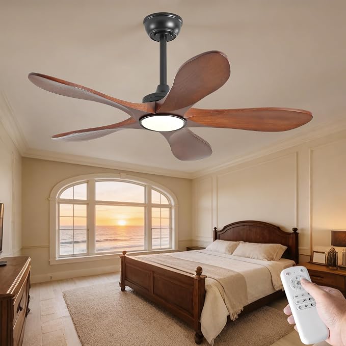 42 Inch Black Ceiling Fans with Lights and Remote Control, Indoor Outdoor Modern Wood Ceiling Fan with Light for Patio Study, Bedroom, 5 Blades, Dimmable, Reversible DC Motor, Memory Function