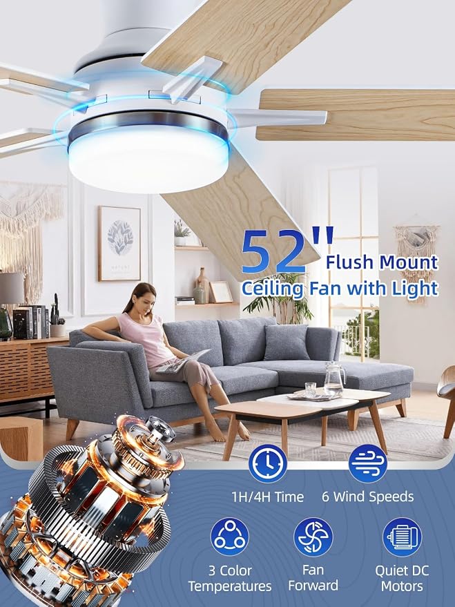 LANMEL 52 Inch Flush Mount Ceiling Fan with Light, App&Remote Control, Low Profile Modern Ceiling Fan, 6 Speed, Reversible, 3000k-6500k Dimmable LED, Quiet DC Motor for Indoor Outdoor, Silver White